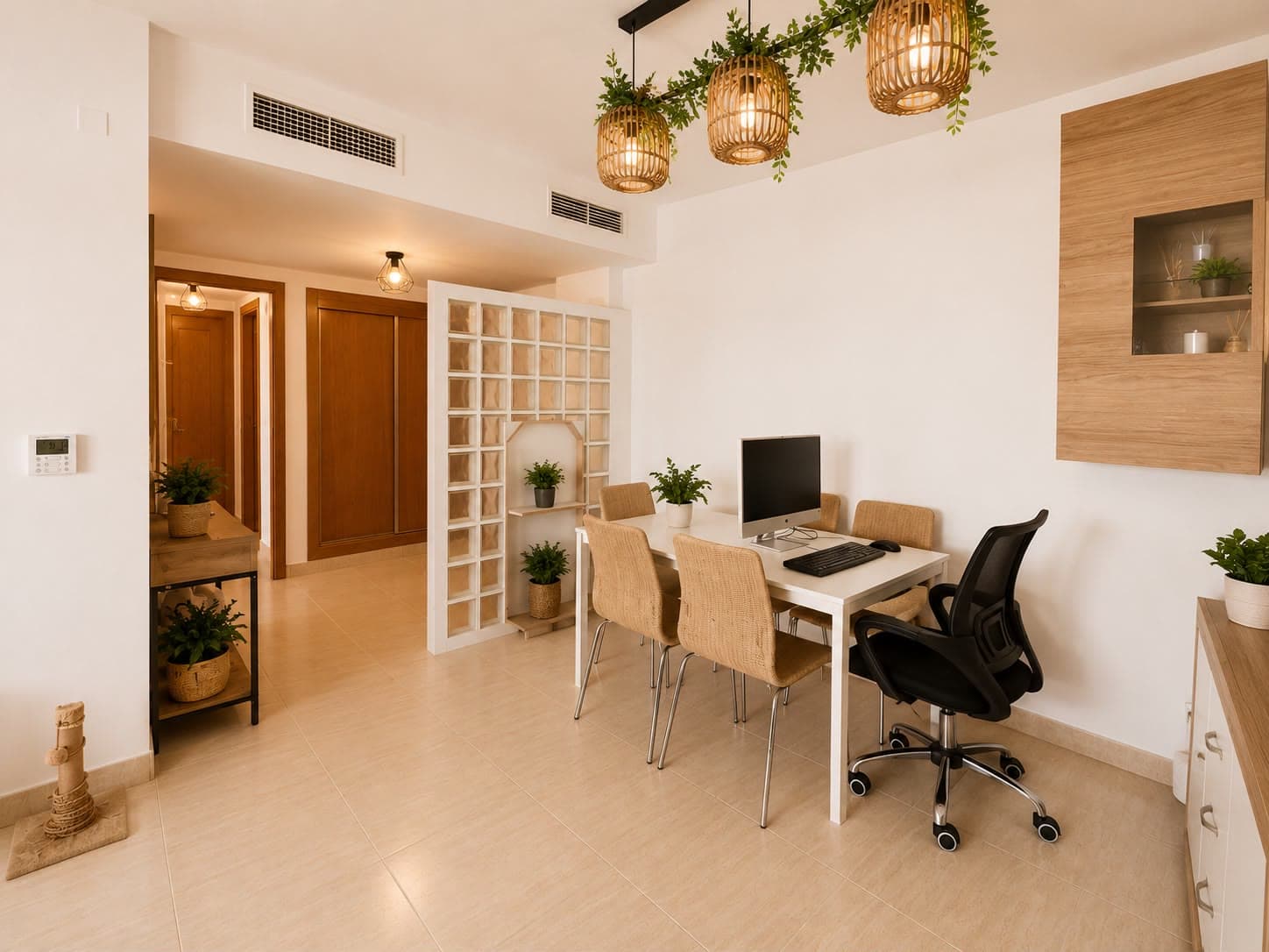 Salón comedor luminoso con mesa de trabajo junto a la ventana, estantería divisoria y suelo claro.